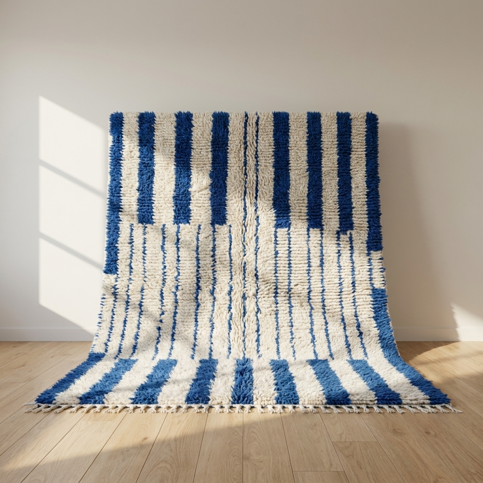 Azilal Rug – Blue Shaggy Striped Wool Area Rug