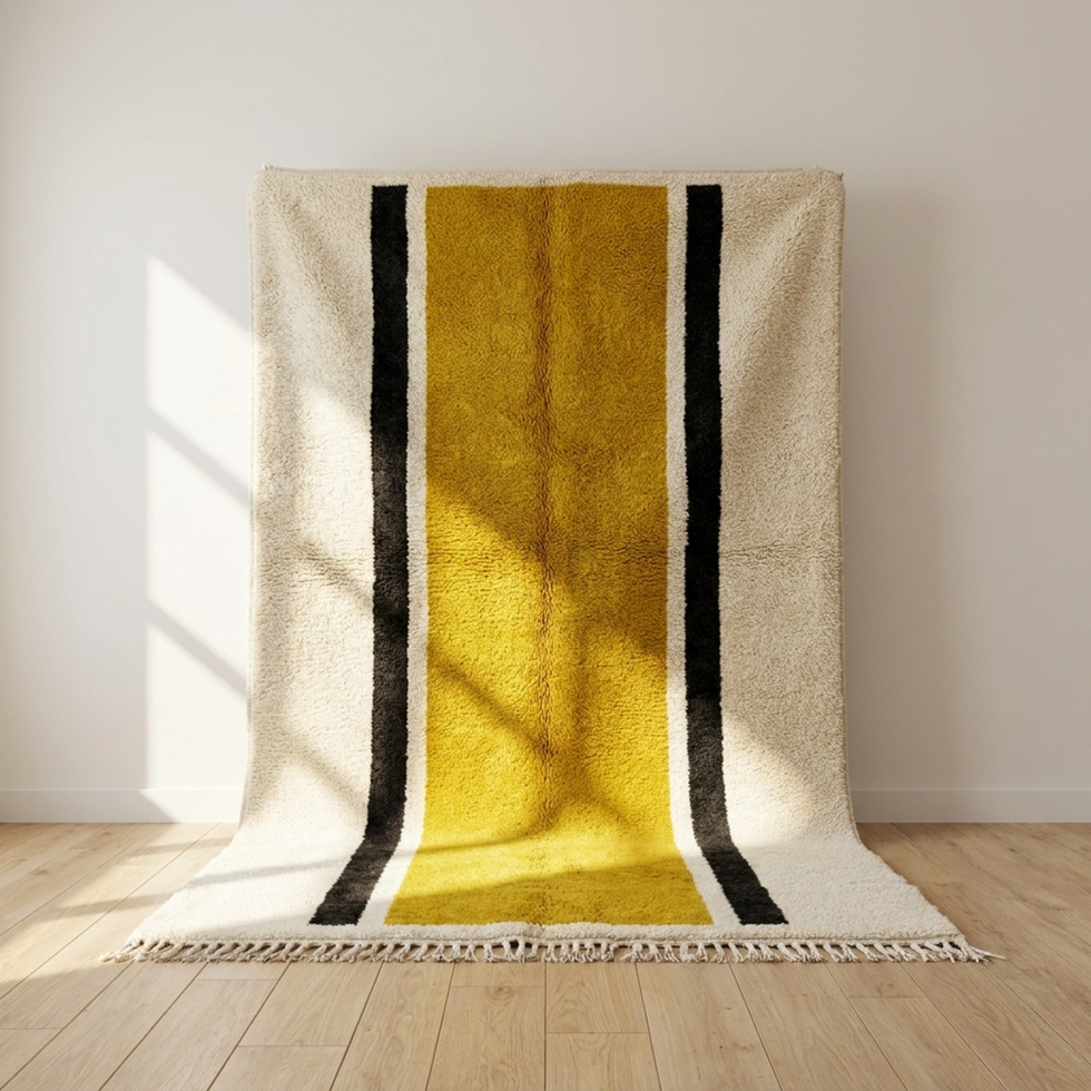 Moroccan Berber Rug – Yellow Shaggy Striped Wool Area Rug