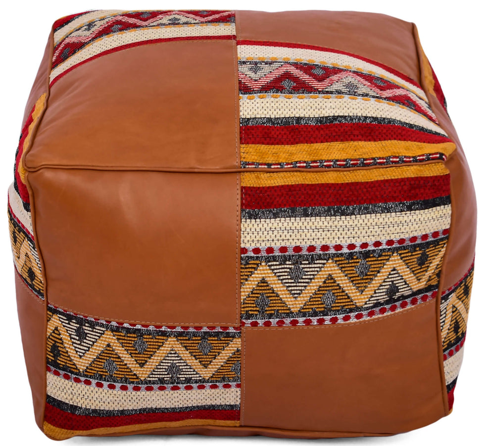 Multicolor Square Leather Pouf – Moroccan Boho Ottoman