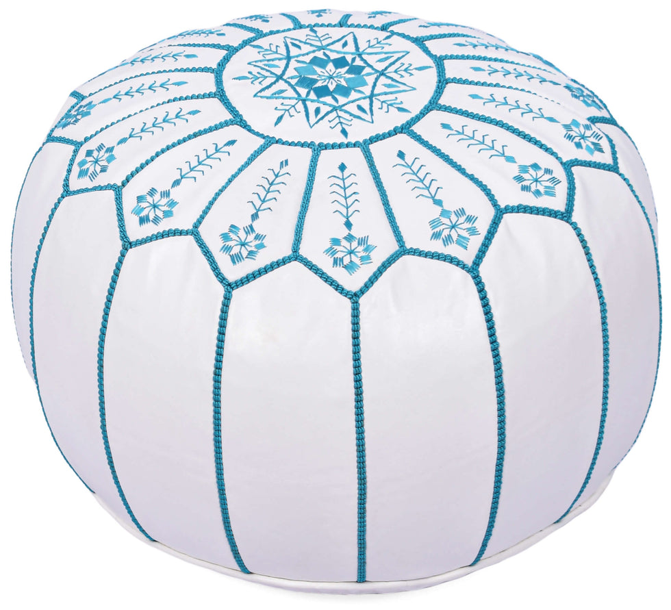 White Moroccan Leather Pouf – Round Ottoman Footstool