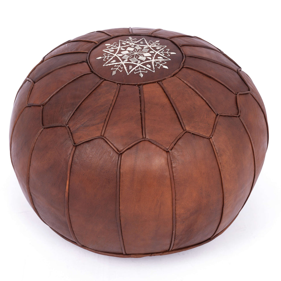 Handmade Brown Leather Ottoman – Moroccan Round Pouf