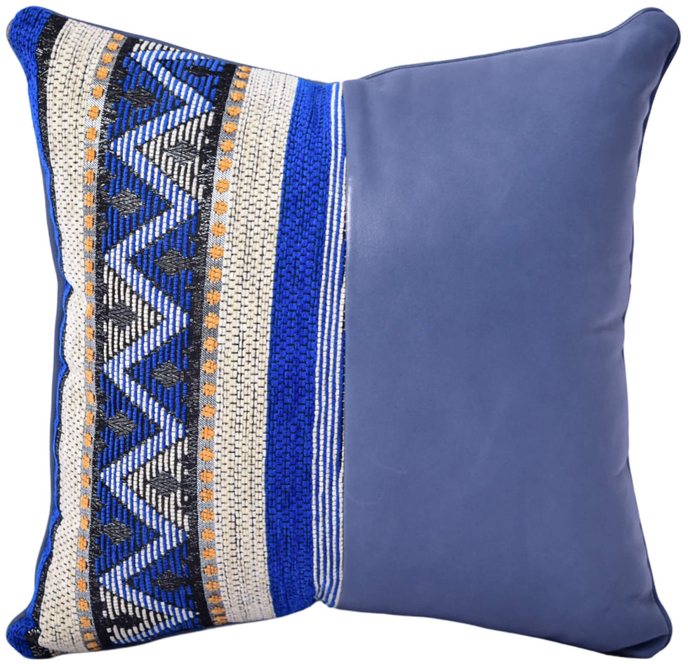 Moroccan Leather Pillow Cover – Blue Kilim Cushion