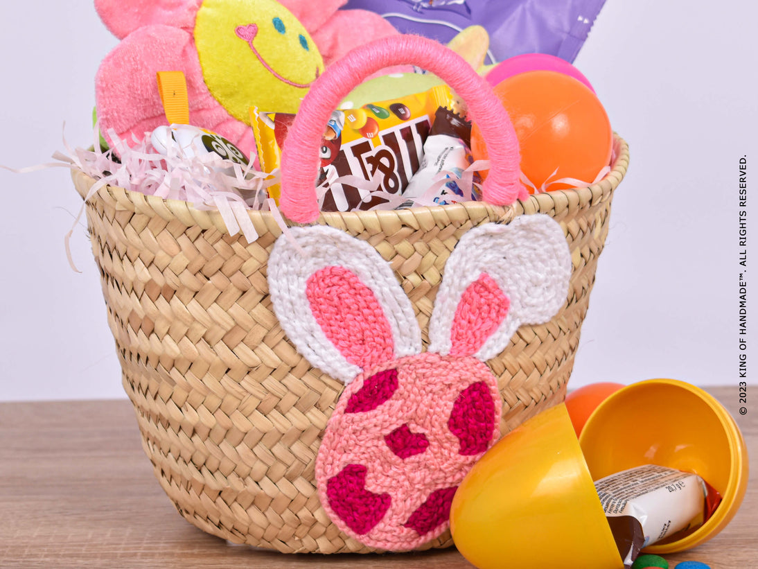 A handcrafted personalized straw Easter basket, perfect for a unique and adorable gift.