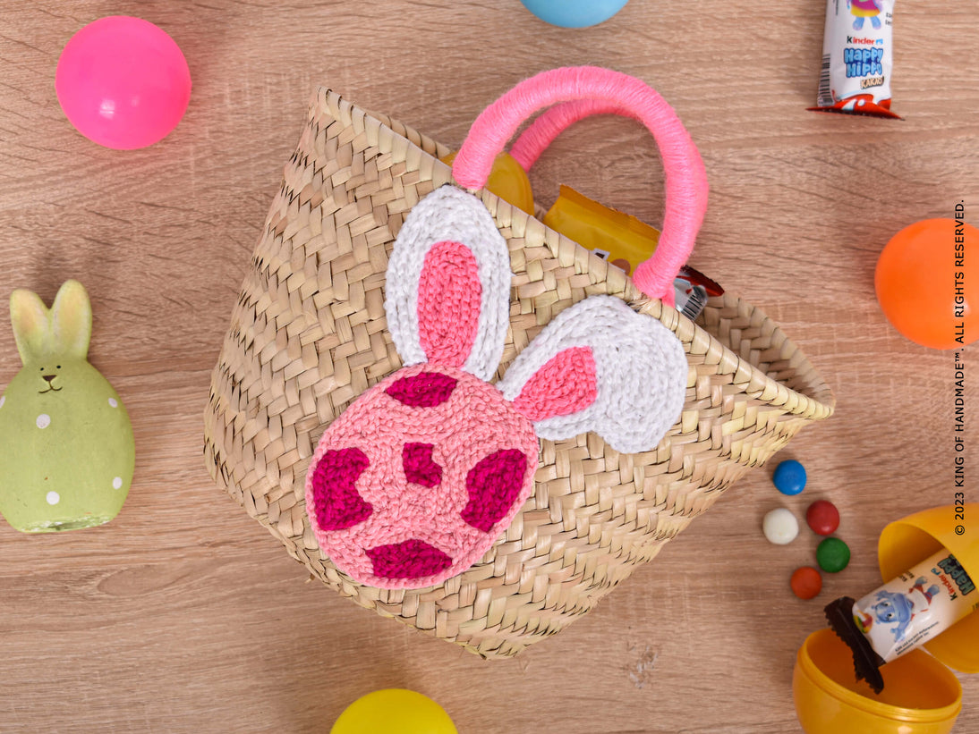 Handcrafted personalized Easter straw basket with adorable details.