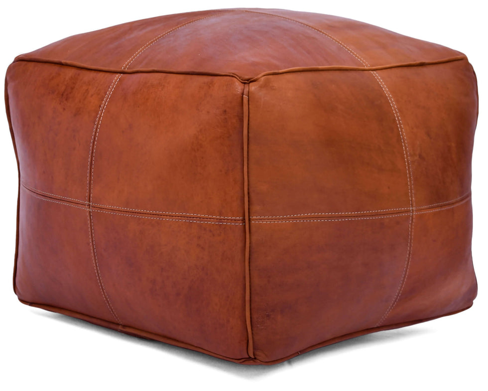 Square Leather Pouf Ottoman – Brown Moroccan Footstool