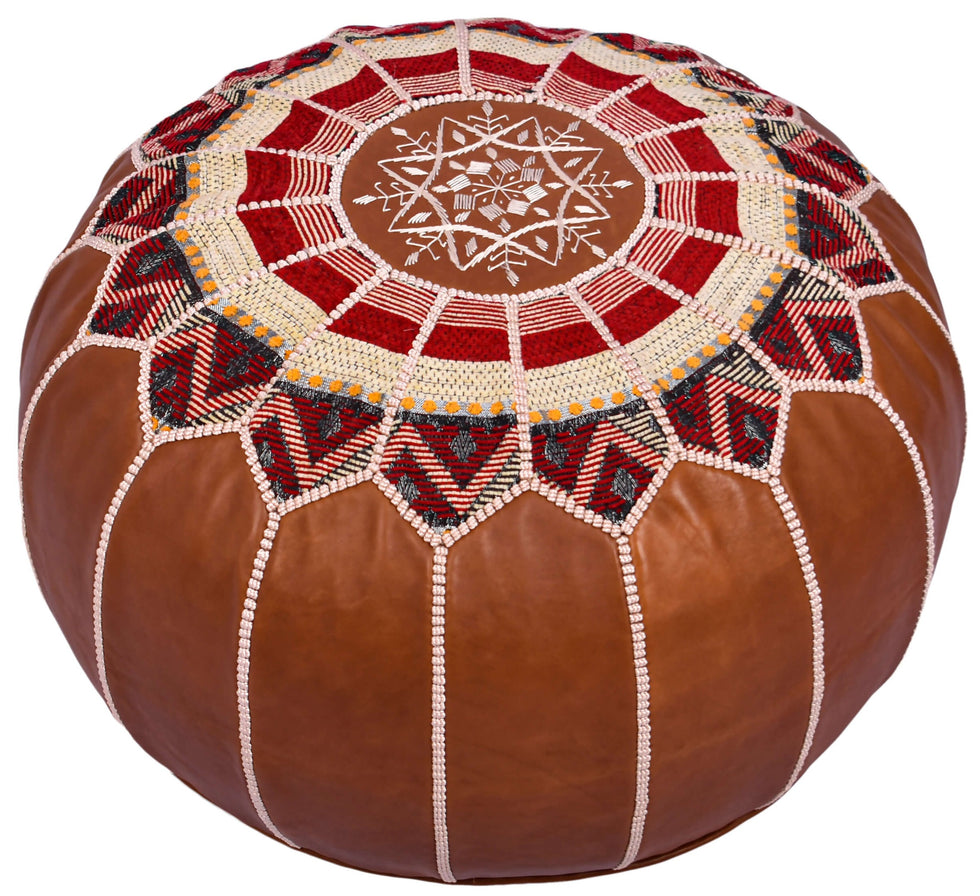 Moroccan Leather Ottoman – Brown Round Pouf Footstool