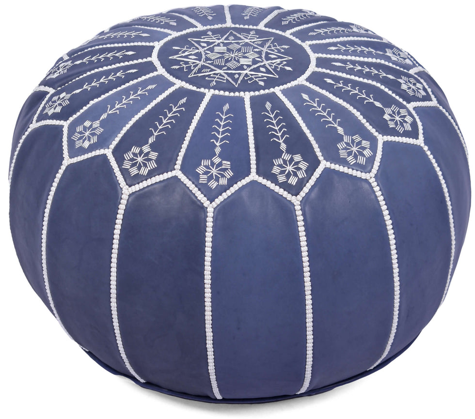 Round Leather Pouf Ottoman – Blue Moroccan Footstool