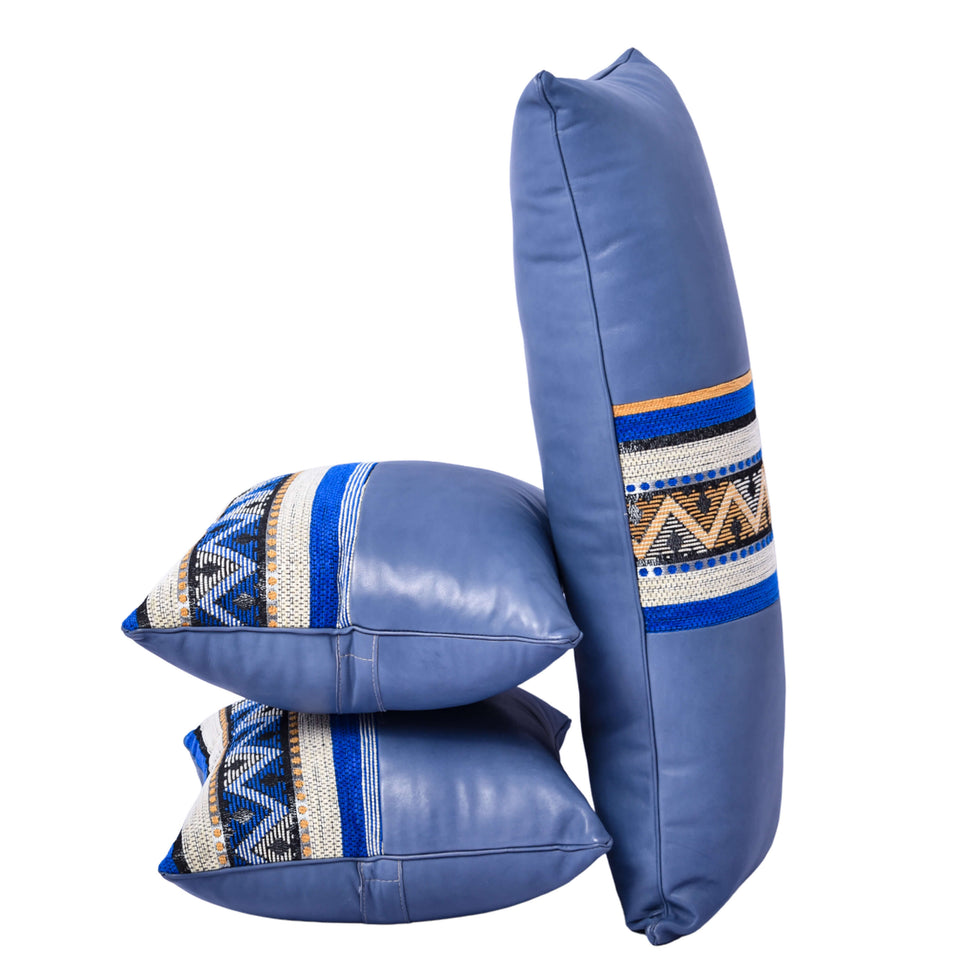 Blue Leather & Kilim Pillow Cover – Moroccan Cushion