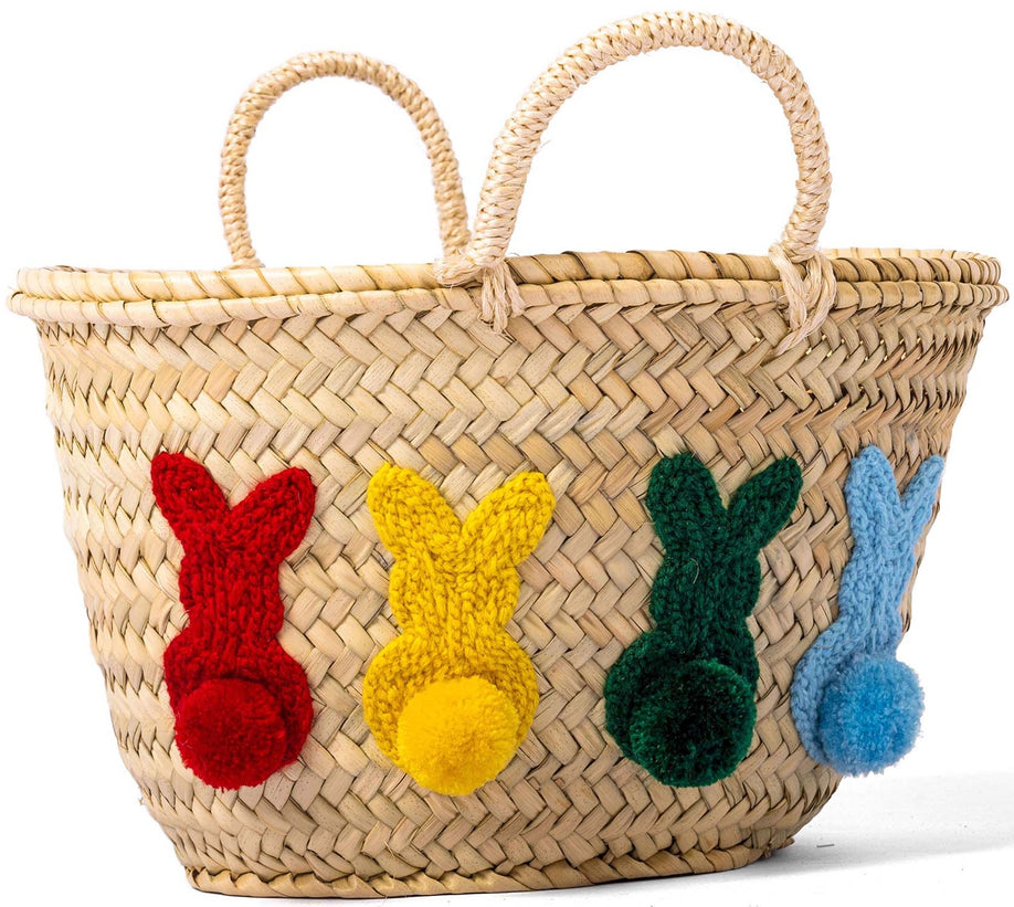 Handmade woven straw basket with a personalized wooden tag