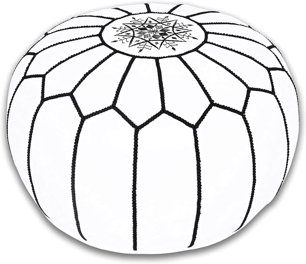 White and black Moroccan leather pouf with geometric pattern
