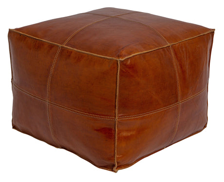 Square dark brown Moroccan leather pouf with intricate stitching