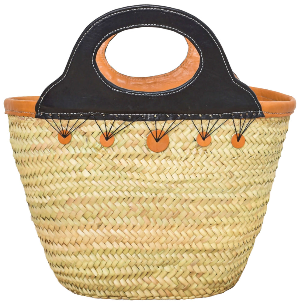 Straw Basket Bag – Black Leather Handle Moroccan Tote