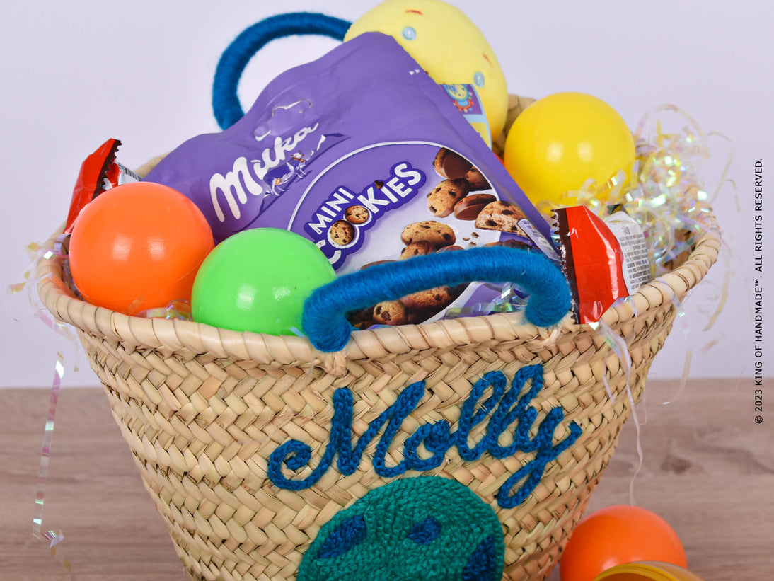 A charming personalized Easter basket with the child's name engraved on it.