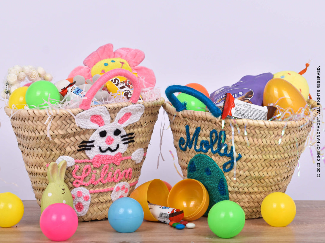 Handmade straw Easter basket filled with colorful eggs and treats