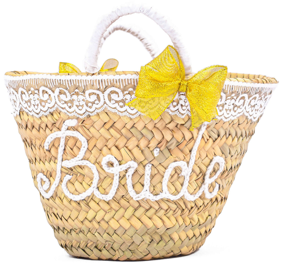 Personalized Bride Straw Basket Bag with Lace
