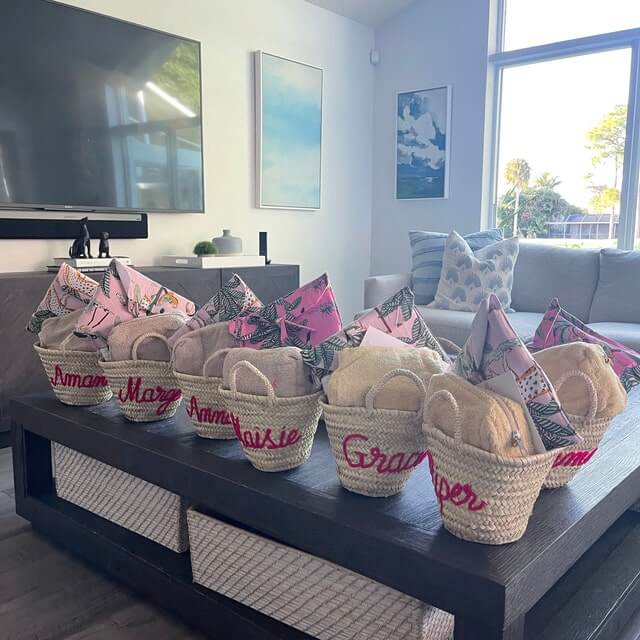 Personalized straw basket tote for weddings and beach outings