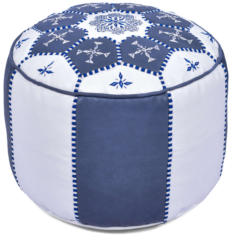 Moroccan Leather Pouf – Blue Round Ottoman Footstool