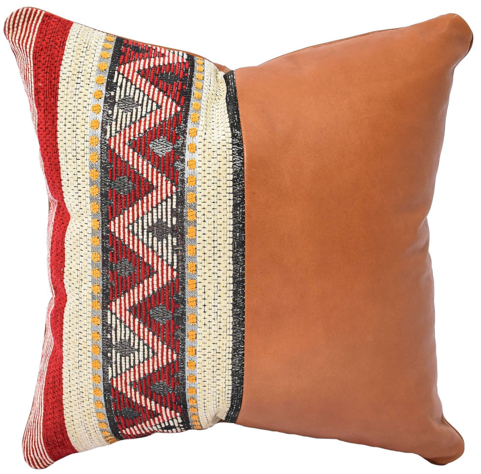 Handmade Brown Moroccan Leather Pillow – Kilim Cover Boho Decor