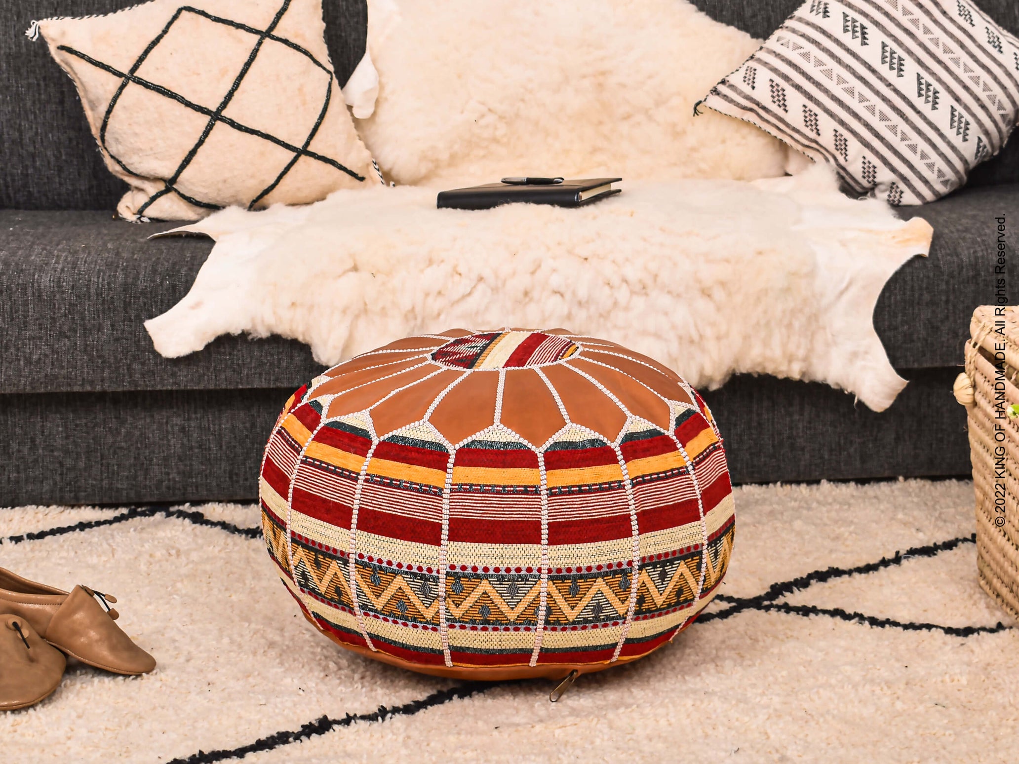 Traditional Moroccan footstool pouf cover in vibrant patterns