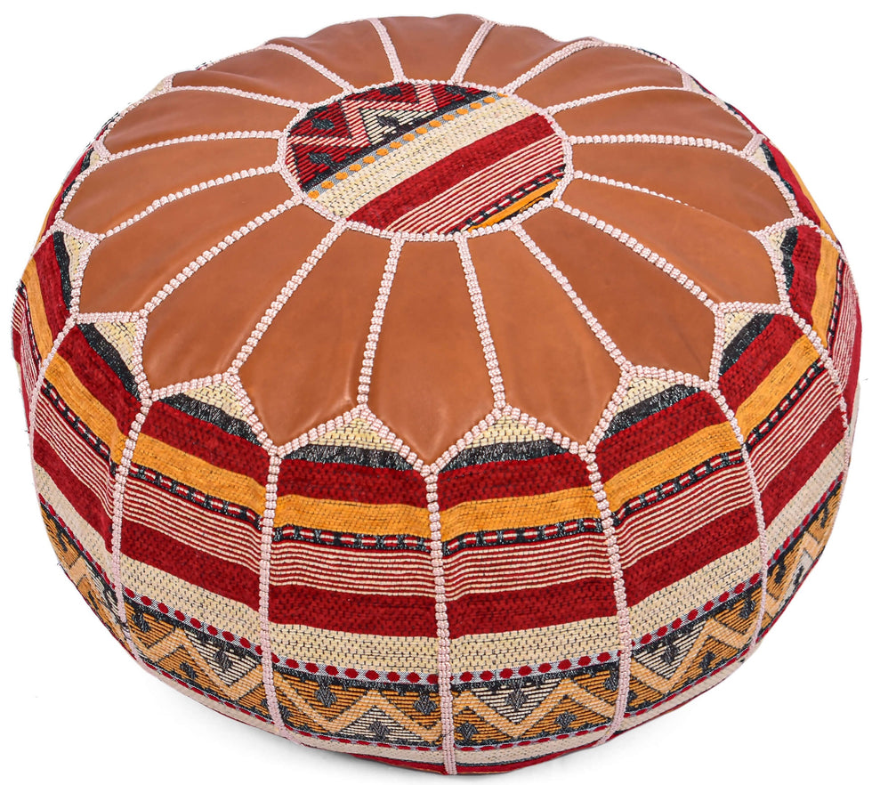Brown Round Leather Pouf – Moroccan Boho Ottoman
